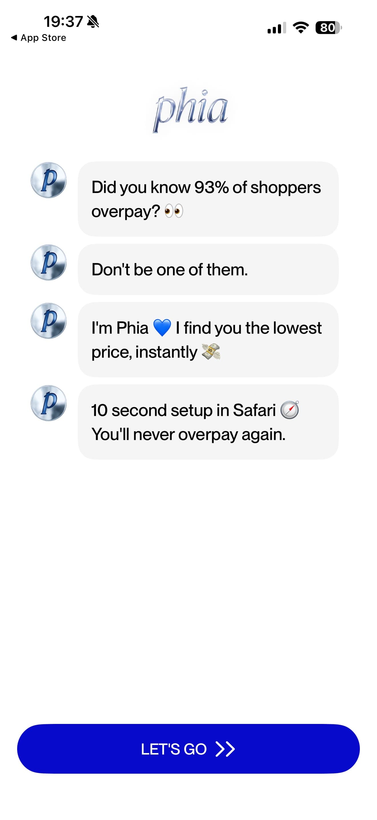 Phia onboarding chat introducing the shopping assistant