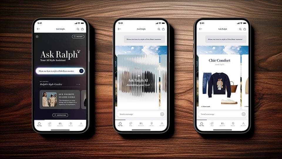 Three phones on a wooden surface showing Ask Ralph from prompt to assembled Polo look